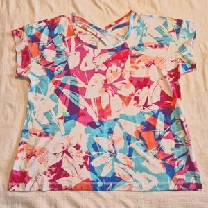 Talbots women's size XL short sleeve shirt crossed back pink teal blue white EUC